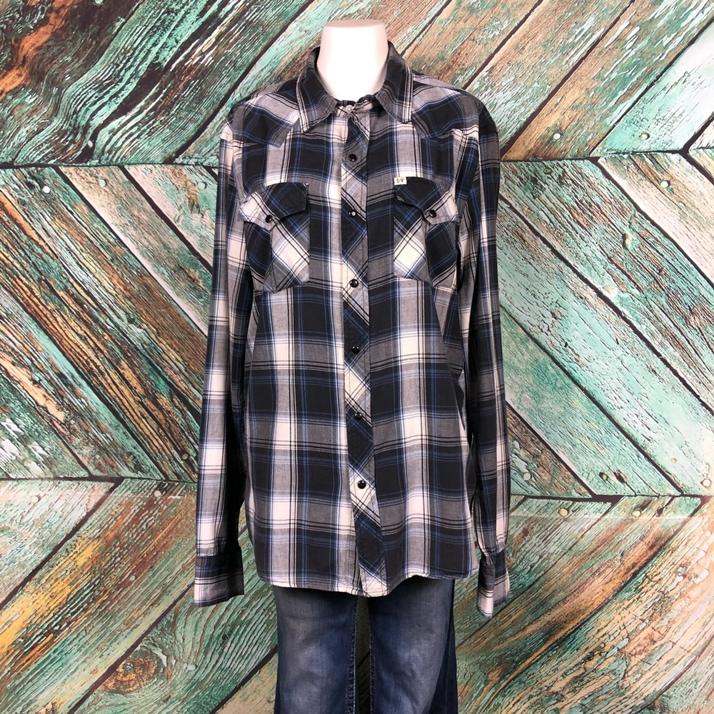 D2 - Salt Valley Western| Blue & Black Plaid Snap Button Down - L